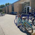 Bicycles in front of Adrian middle/high school in Adrian, Minnesota